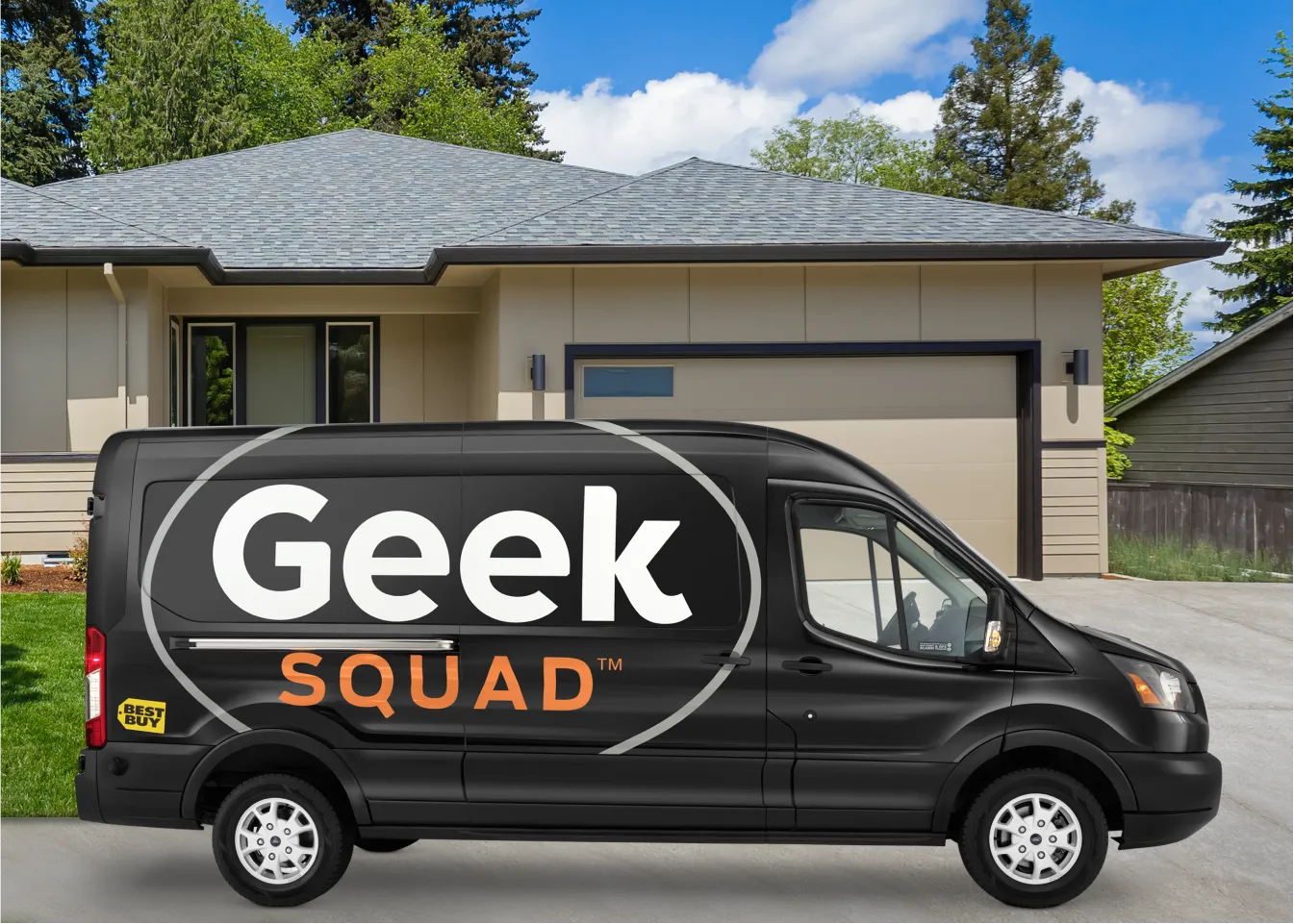 A Geek Squad van parks in front of a nice house.