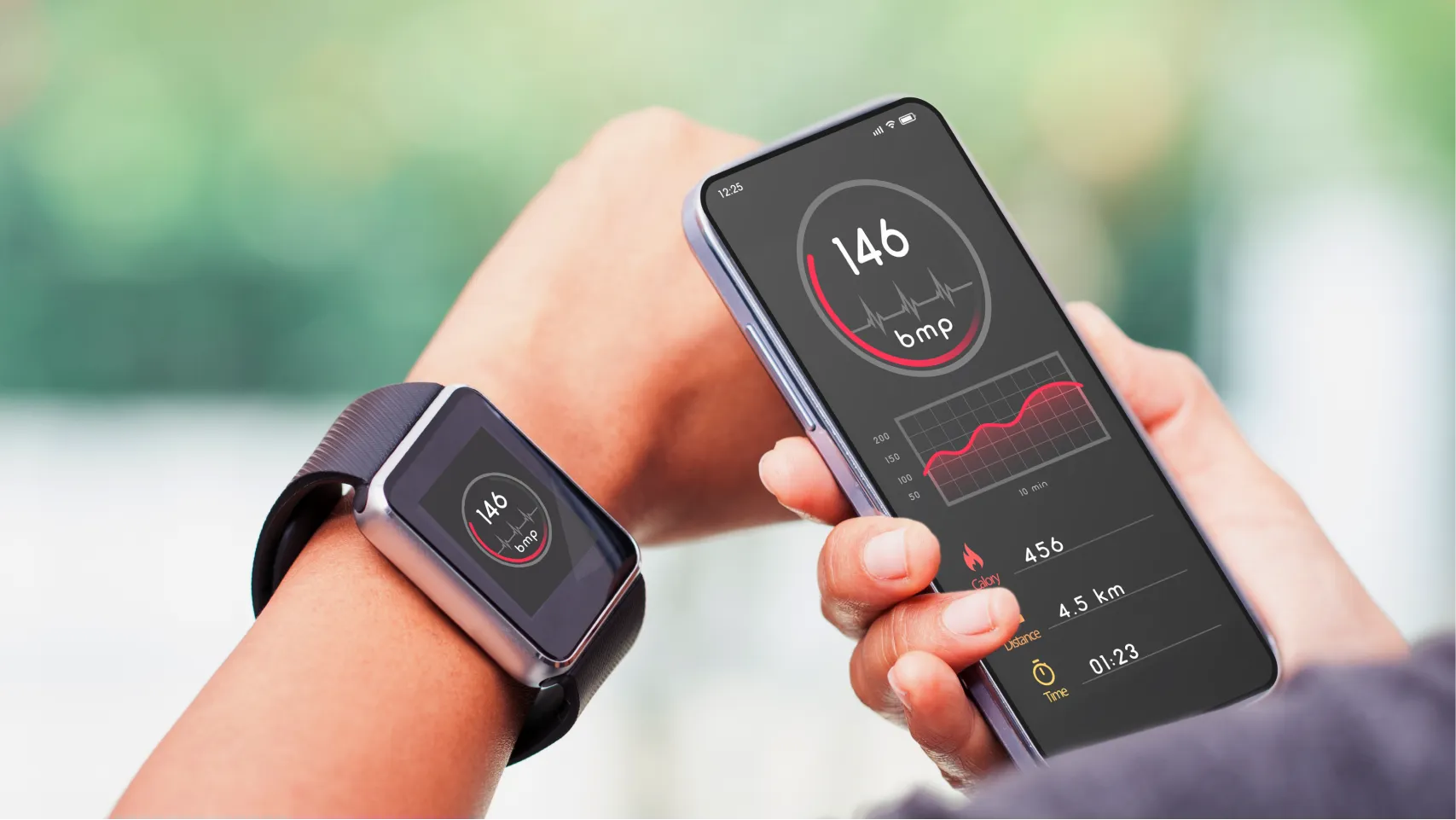 A person tracks their basic metabolic panel by synching their watch and phone.